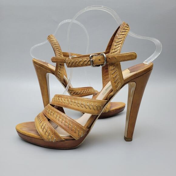 VTG Miu Miu Stilettos Leather Cognac Brown Open Toe Slingback Strappy Heels 10 - Picture 3 of 16